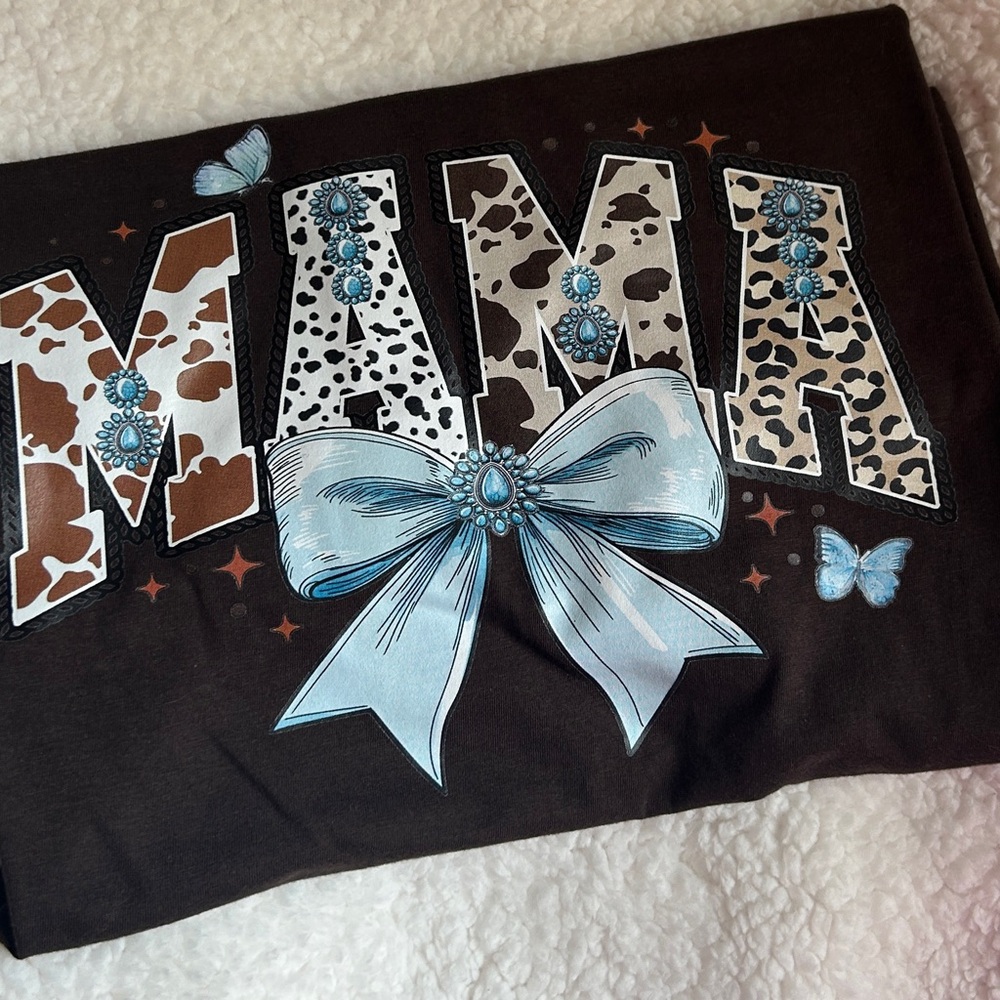 Brown Graphic Tee with Blue Bow and Cow Print